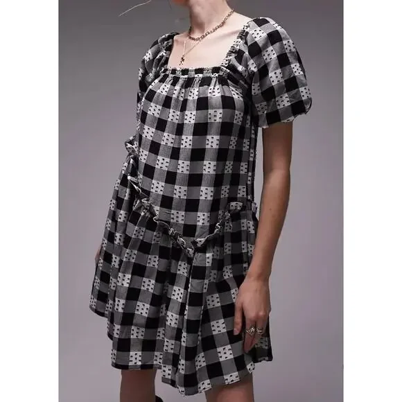 Topshop MINI DRESS Check Dobby Chuck Paid | Black & White, Sz 12 - Picture 2 of 5